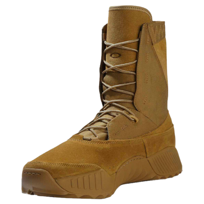 Tan tactical boot with rugged sole and high ankle support. Made of durable suede and fabric, featuring detailed stitching and lacing.