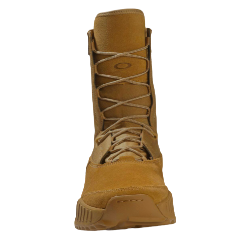 Tan tactical boot viewed from the front, featuring rugged soles and crisscross laces. It conveys durability, functionality, and outdoor readiness.