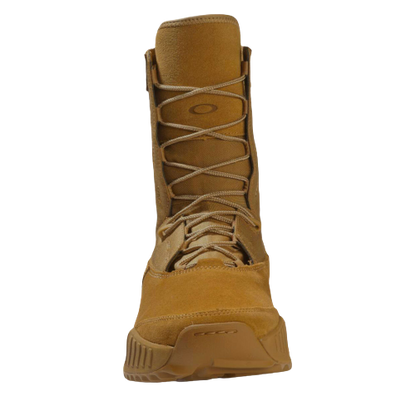 Tan tactical boot viewed from the front, featuring rugged soles and crisscross laces. It conveys durability, functionality, and outdoor readiness.