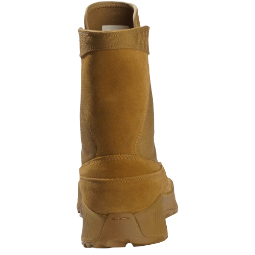 Tan suede work boot viewed from the back, showcasing thick rubber sole and reinforced stitching. The boot's texture is rough and sturdy.