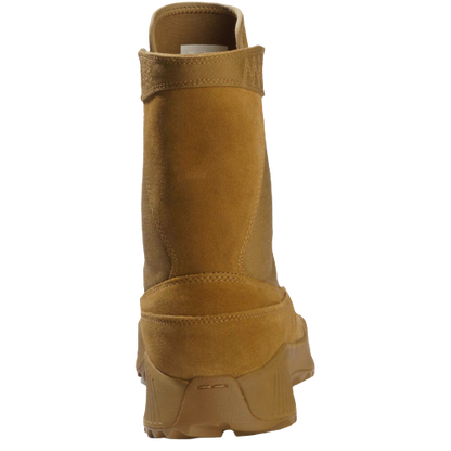 Tan suede work boot viewed from the back, showcasing thick rubber sole and reinforced stitching. The boot's texture is rough and sturdy.