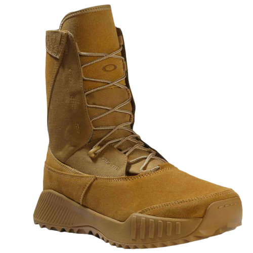 Brown tactical combat boot with high ankle design and sturdy sole. Features include reinforced stitching and a rugged, durable look.