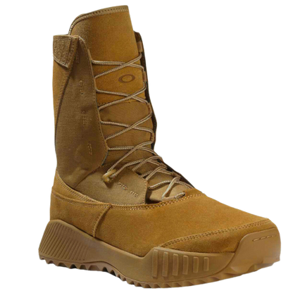 Brown tactical combat boot with high ankle design and sturdy sole. Features include reinforced stitching and a rugged, durable look.