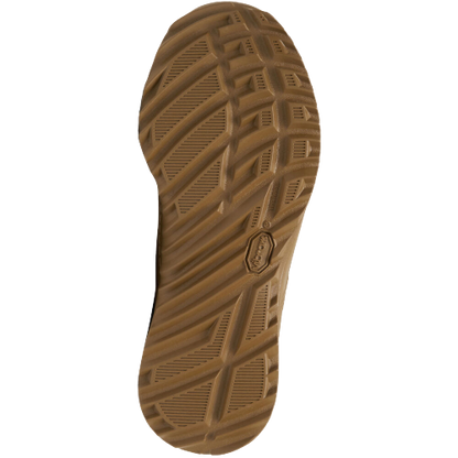 Brown shoe sole with a crosshatched tread pattern for grip, diagonal grooves, and a central logo, showing off durability and traction.