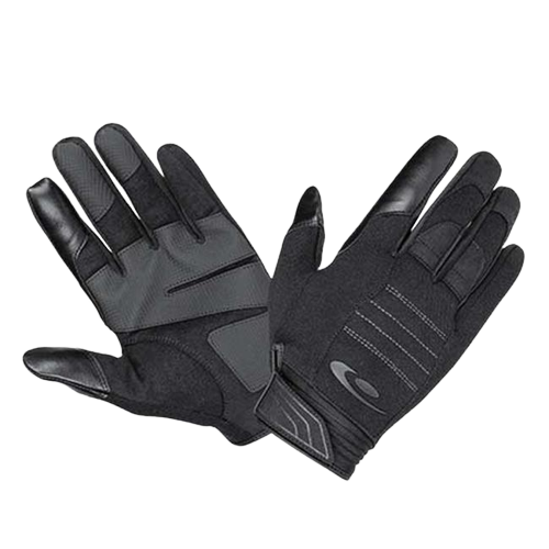 A pair of black and gray tactical gloves with textured fingers