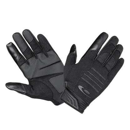 A pair of black and gray tactical gloves with textured fingers