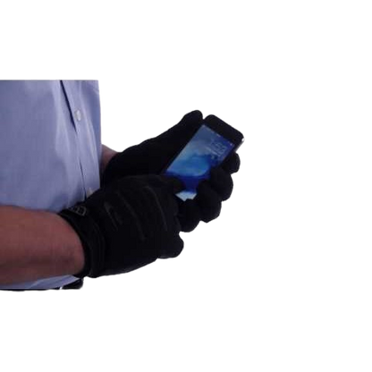 A person wearing black gloves uses a smartphone. The phone's screen displays a light blue app.