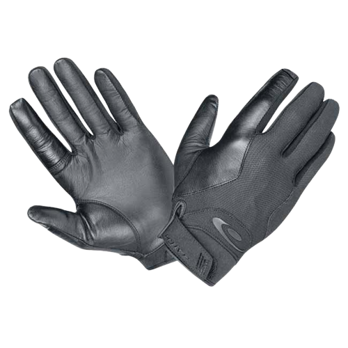 Black tactical gloves, one palm up and one back up, showcasing textured grips and adjustable wrist straps.