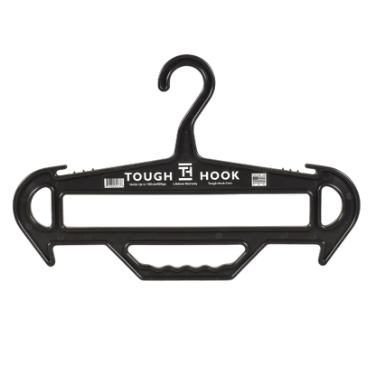 A black Tough Hook hanger with a robust, heavy-duty design, featuring a reinforced hook and wide ends, built for durability and strength.