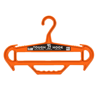 An orange Tough Hook hanger with a sturdy design, featuring a reinforced hook and wide ends, intended for heavy-duty use, with a sleek, industrial feel.