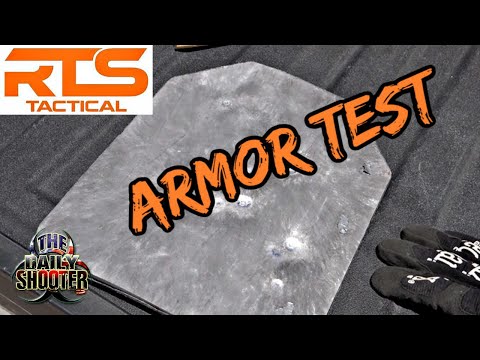 Body armor with visible bullet impacts on a black surface. Large text reads 'Armor Test' in orange. Logos for RTS Tactical and The Daily Shooter are shown.