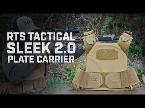 RTS Tactical Sleek 2.0 Plate Carrier in tan displayed on a stand. A person wearing tactical gear aims a rifle in the blurred background.
