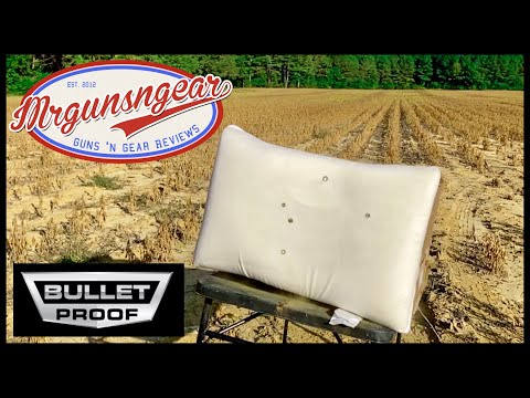 A white pillow with bullet holes is displayed on a stand in a dry field.