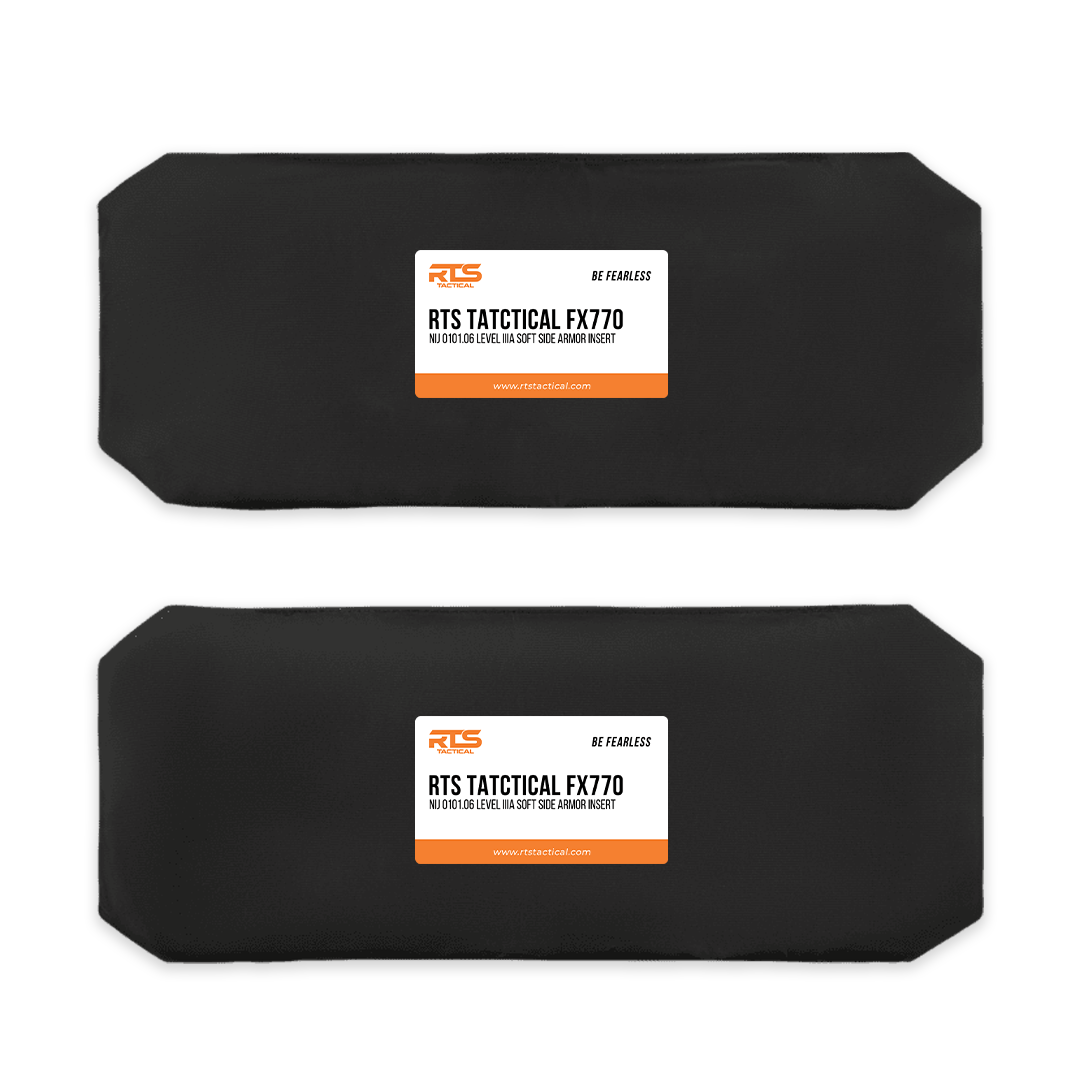 Two black, rectangular armor inserts labeled "RTS Tactical FX770" with an orange and white design.