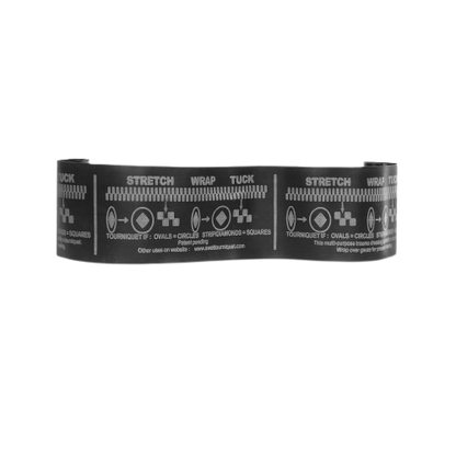 A black medical medical tourniquet with white text and graphics showing instructions for use.