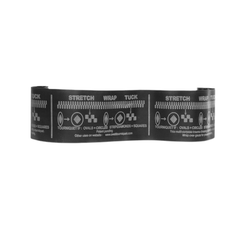 A black medical medical tourniquet with white text and graphics showing instructions for use.