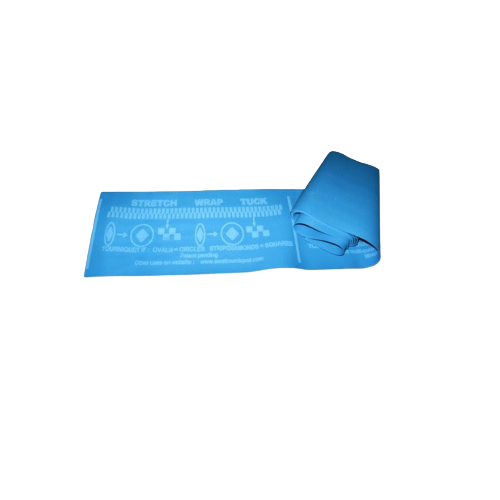 A blue SWAT-T tourniquet, a compact and effective tool for stopping severe bleeding.